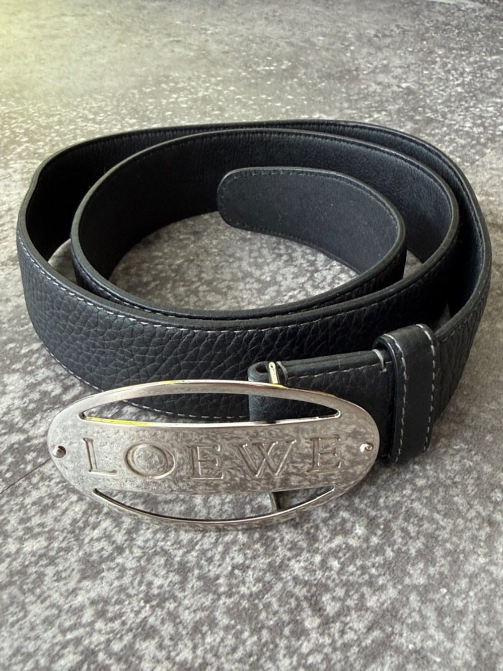 LOEWE Men's Black Leather Belt with Signature Silver Buckle